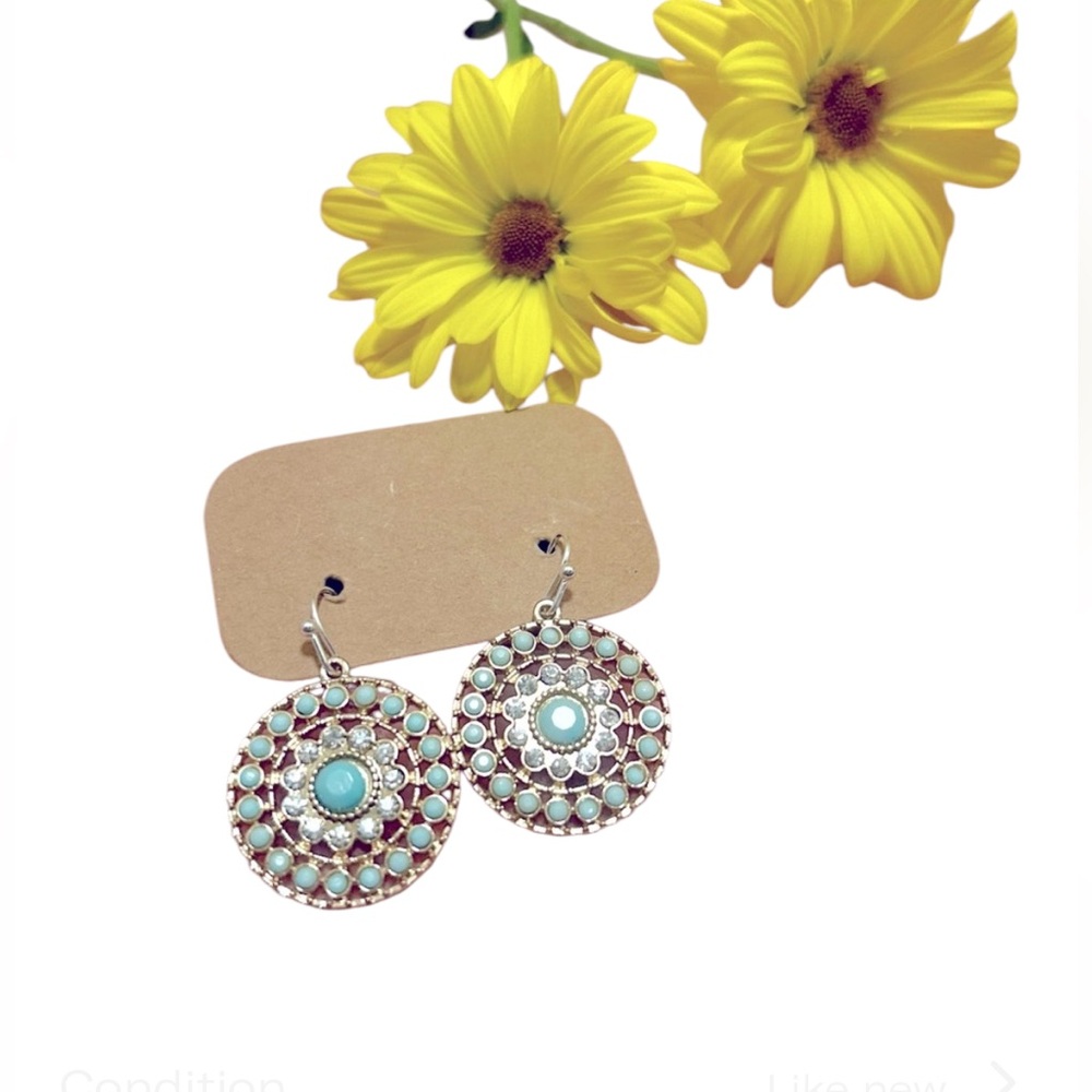 Boutique Boho Mandala Medallion Gold Plated with Crystals & Blue Earrings